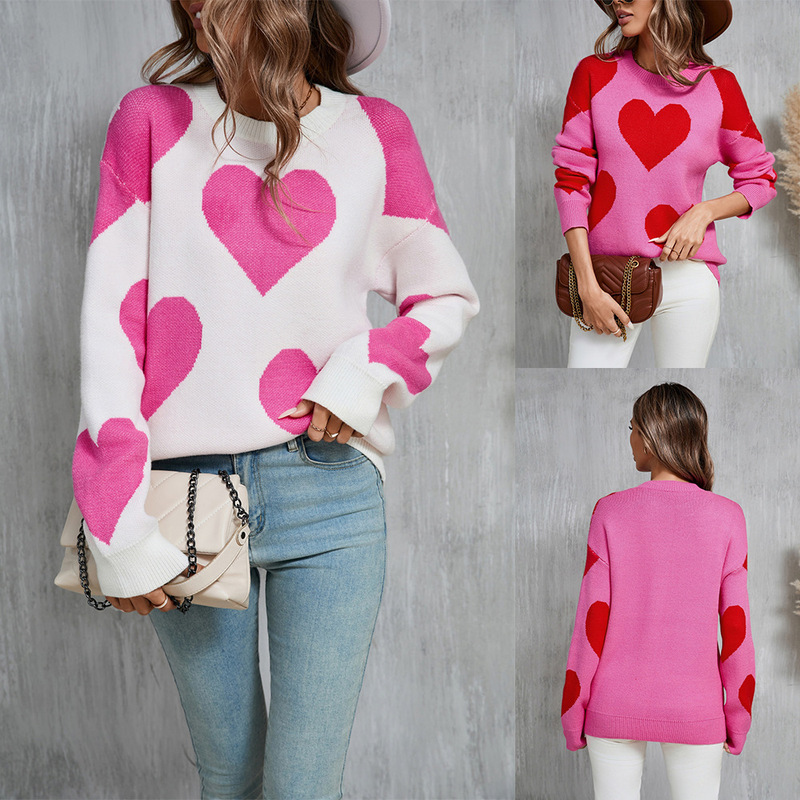 2026 Spring New European and American Women's Fashion Plus Size Cross-Border Amazon Heart Valentine's Day Round Neck Big Heart Sweater for Women
