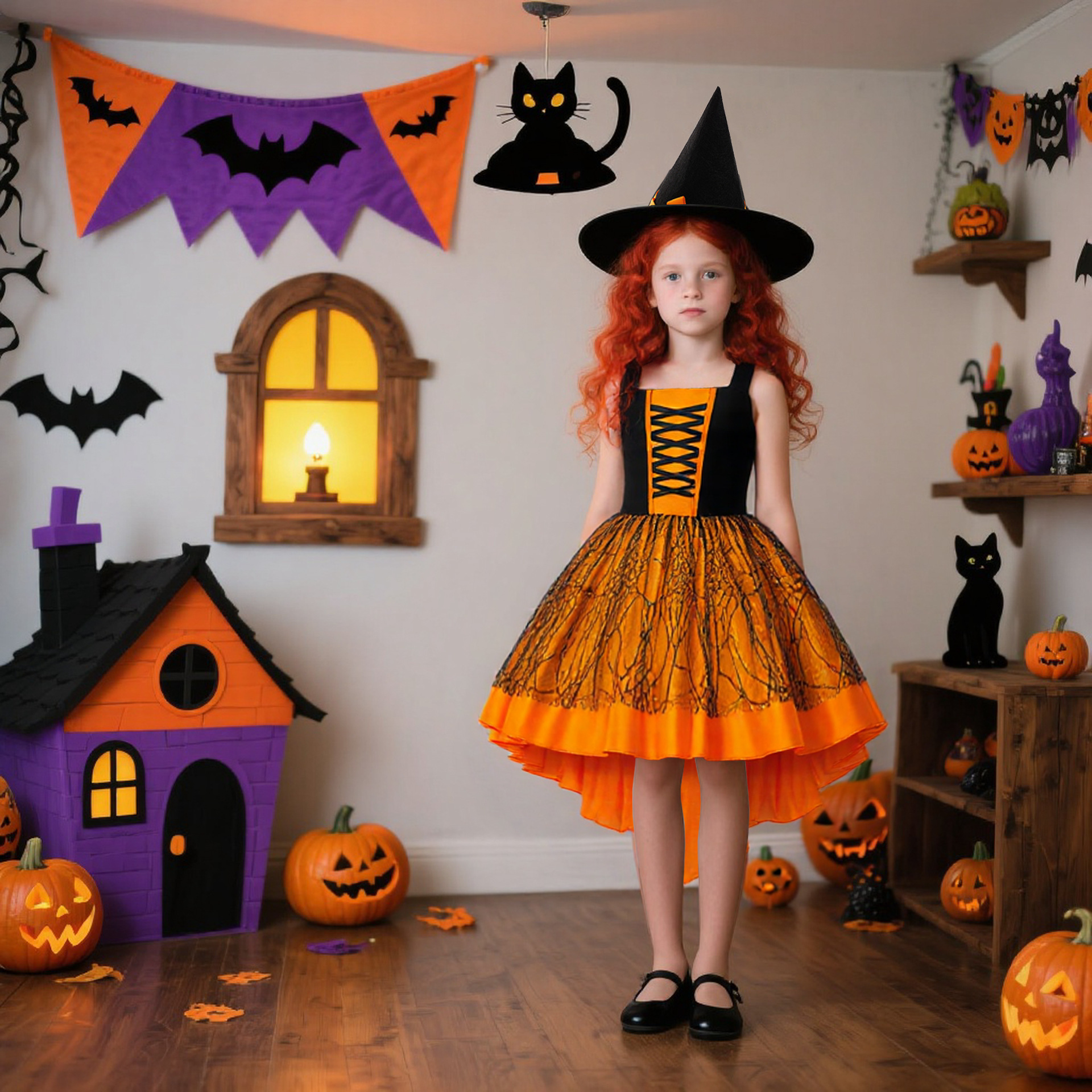 Halloween trajes de niños naranja bruja cosplay rol de bruja cola de golondrina calabaza ping-pong vestido