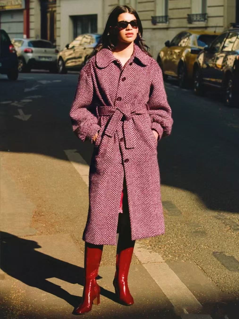 RO24 새로운 가을, 겨울 복고풍 울 헤링본 모직 코트 여성용 프렌치 레이스 랜턴 슬리브 라펠 코트