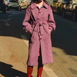 RO24年秋冬新款复古羊毛人字纹毛呢大衣法式系带灯笼袖翻领外套女