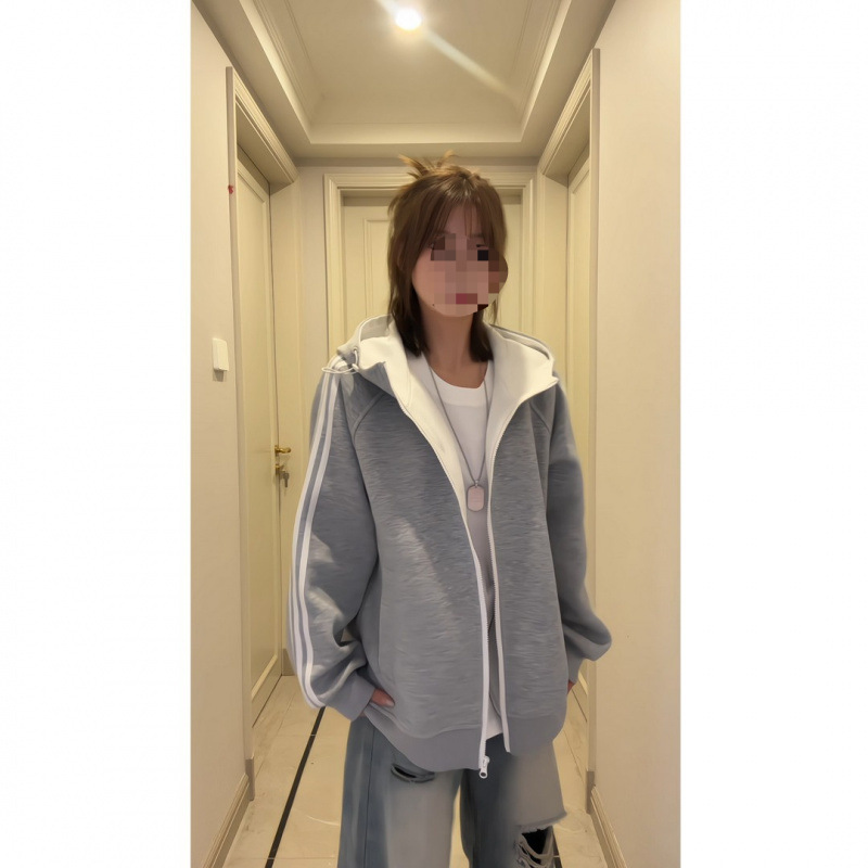 撞色条纹连帽开衫卫衣男秋季高级感美式休闲运动男女情侣外套上衣