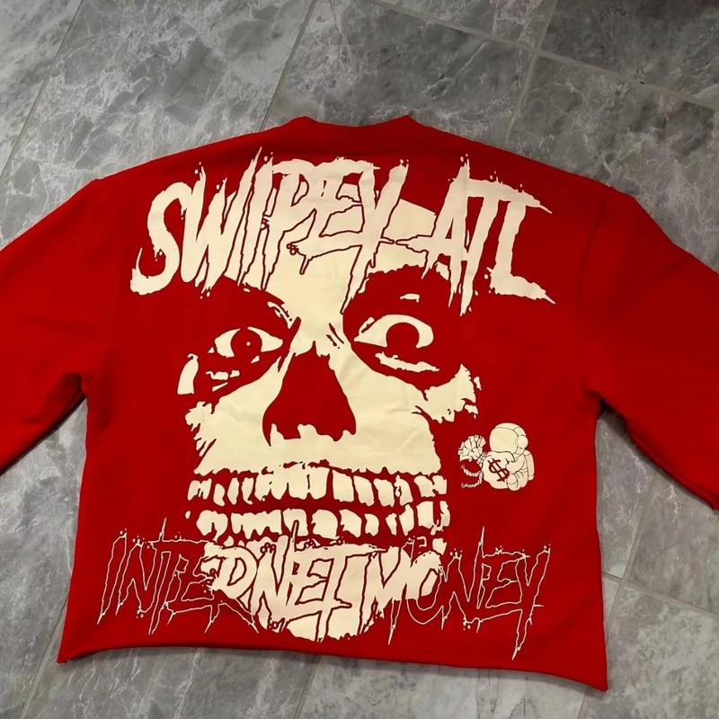 2025 新七分袖レッド原宿スタイル Tシャツ SWIPEYATL スカル半袖ファッションラウンドネック Tシャツ|undefined