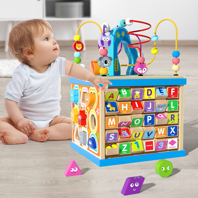 Bolas de madera para niños de madera grande multifuncional cuentas redondas grandes caja del Tesoro 1-3 bebé 26 letras juguetes de educación temprana