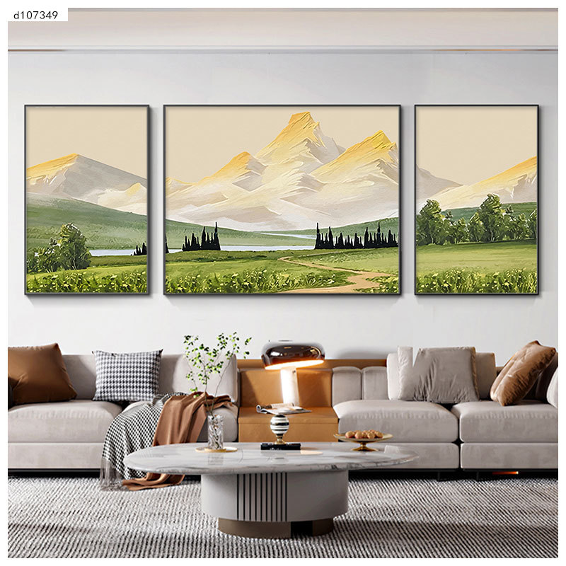 Rizhao Golden Sun Living Room Decorative Painting Fresh Landscape Mountain Wall Hangings Sofa Background Wall Crystal Porcelain Painting Three-Panel Painting