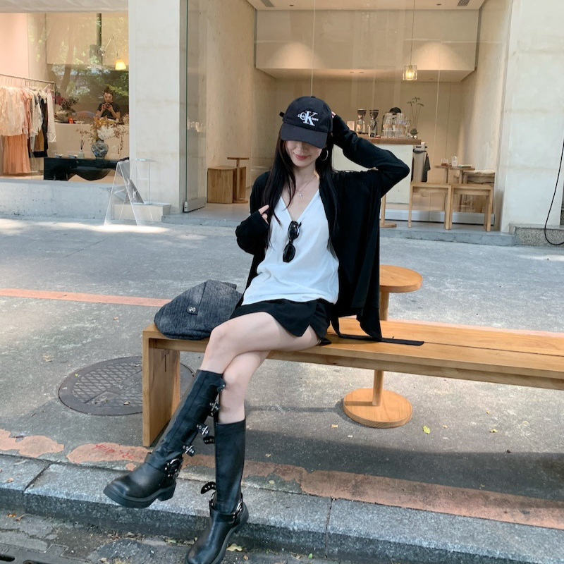 慵懒黑色长袖开衫外套吊带背心女早秋穿搭套装休闲阔腿短裤三件套|undefined