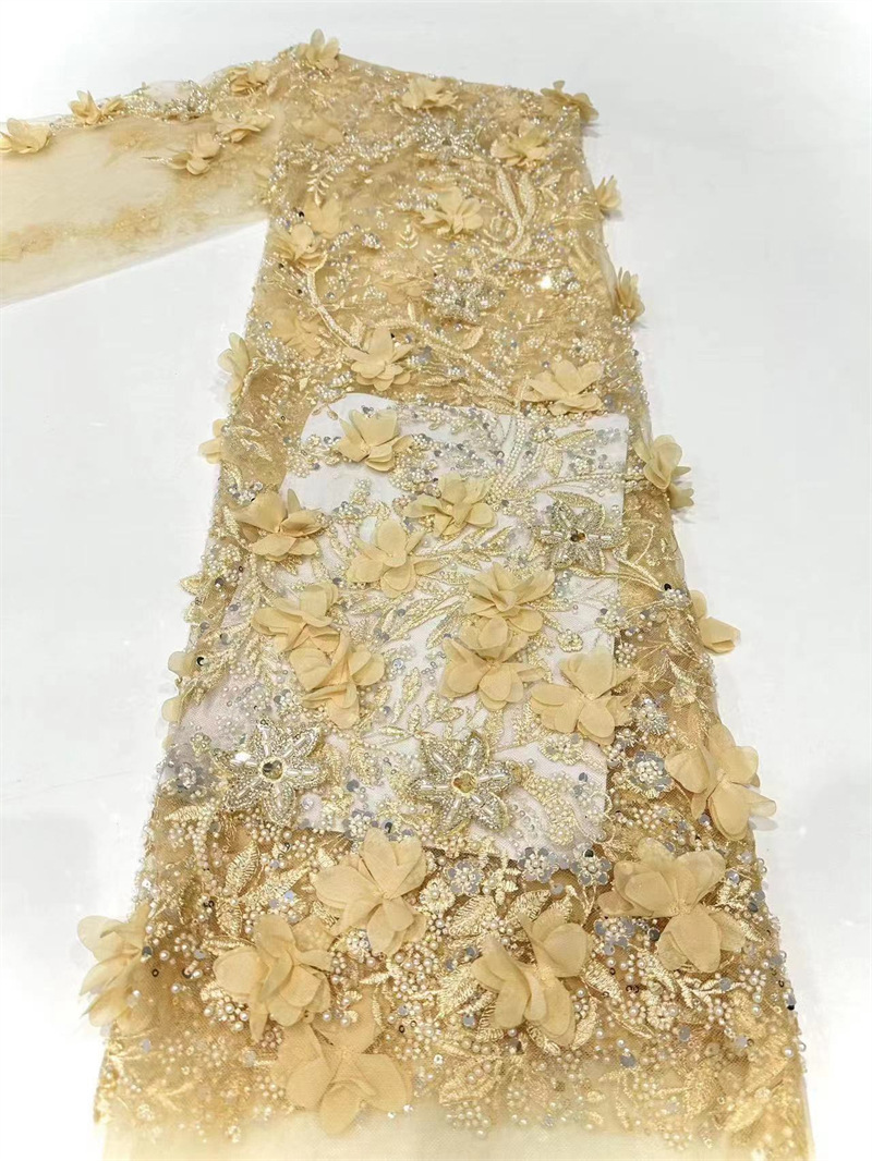 Tejido de bordado de mano pesada pura perla de sequela de perlas tela de malla de tubo de perlas de alta fijación vestido de boda vestido de tela image 9