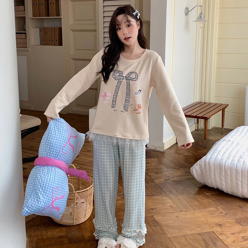 带胸垫睡衣女秋冬新款保暖长袖羊绒蚕丝宽松韩系甜美少女风家居服|undefined