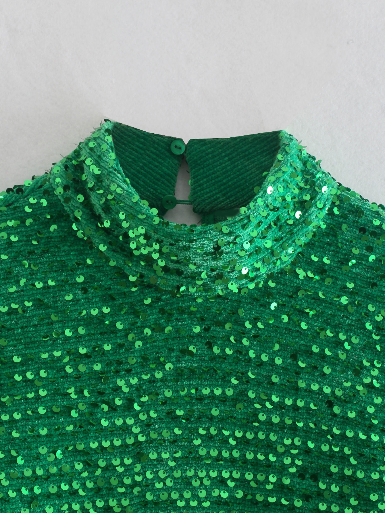 Green Sequined High Collar Loose Top NSXFL101473