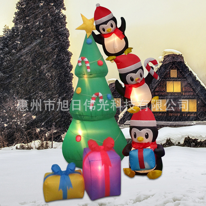 跨境8ft三只企鹅礼物包圣诞树气模 户外圣诞节充气装饰品发光气模