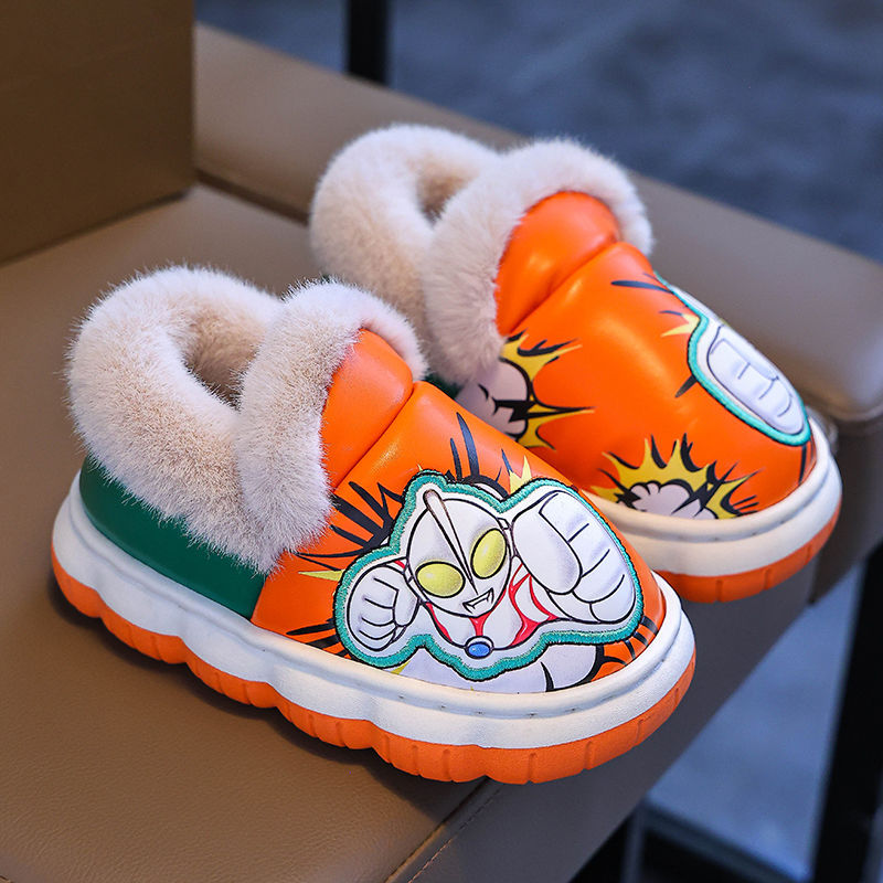 Ultraman invierno niños zapatos de algodón bolsas tacones cálidas lana PU impermeable suela gruesa antideslizante zapatillas de algodón para niños caseros