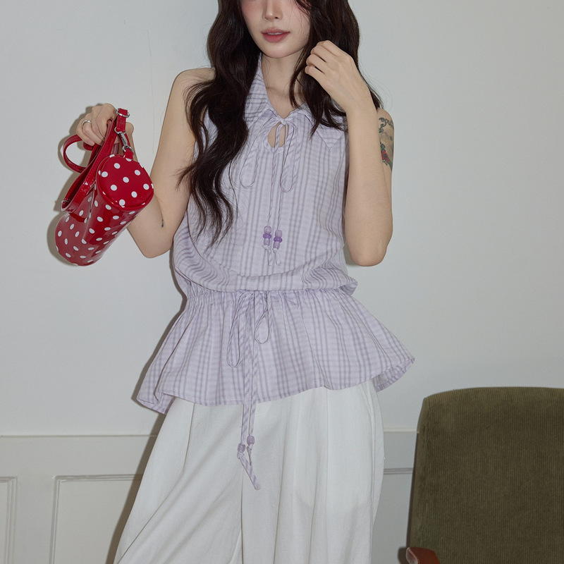 Chic and Sophisticated Purple Plaid Sleeveless Shirt for Women, Summer 2026, Waist-Cinching, Slimming, Drawstring, Ruffled Top