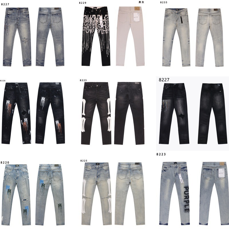 Cross-border bestseller AMIRI new model bone embroidery purple men's vintage washed street style slim-fit jeans