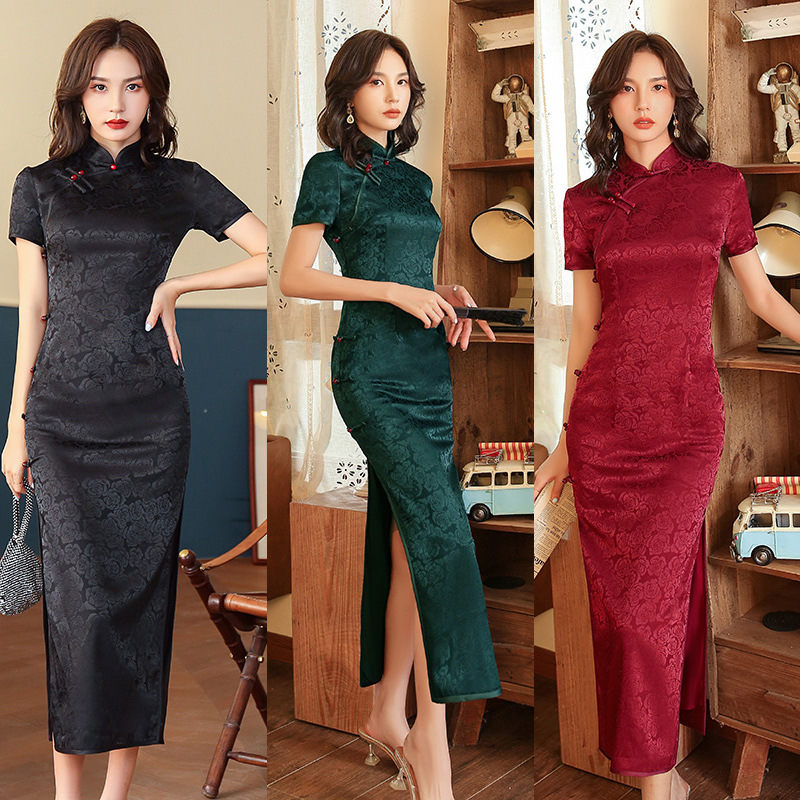 New Flower Luo Cheongsam Dress Three-point Sleeve Long Improved Side Eight Buckle Double-layer Cheongsam