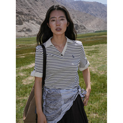 【COMOS CMS】2025秋季棉麻Polo领条纹T恤韩系休闲短袖女CM255132