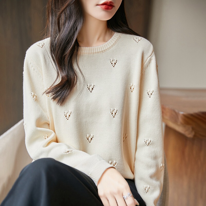 100% Pure Cotton Round Neck Pullover Knit Sweater for Women, 2026 Autumn and Winter New Style, Loose Thickened Base Layer Top