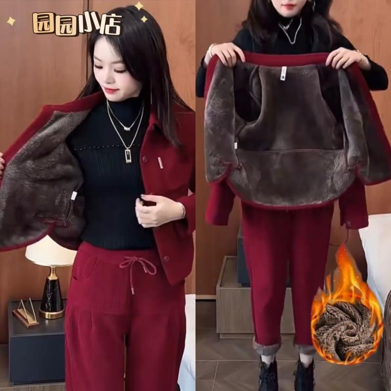 灯芯绒休闲运动套装女2025秋冬新款洋气质长袖开扣外套长裤两件套