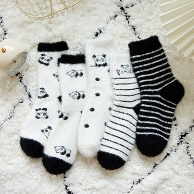 珊瑚絨襪子冬天保暖中筒水貂絨毛絨絨襪子卡通小熊家居月子睡眠襪