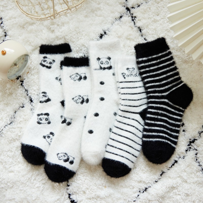 珊瑚絨襪子冬天保暖中筒水貂絨毛絨絨襪子卡通小熊家居月子睡眠襪