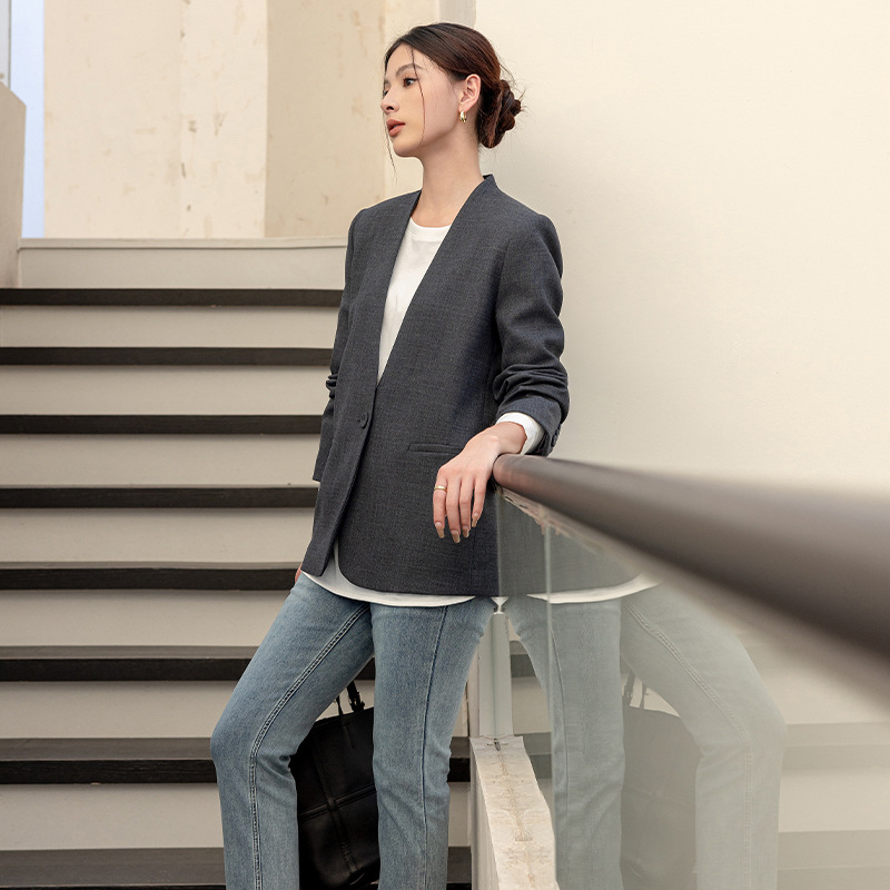 Endi Th* Row Minimalist Wool Blazer for Women 2026 Spring High-End Collarless Suit Jacket for Women