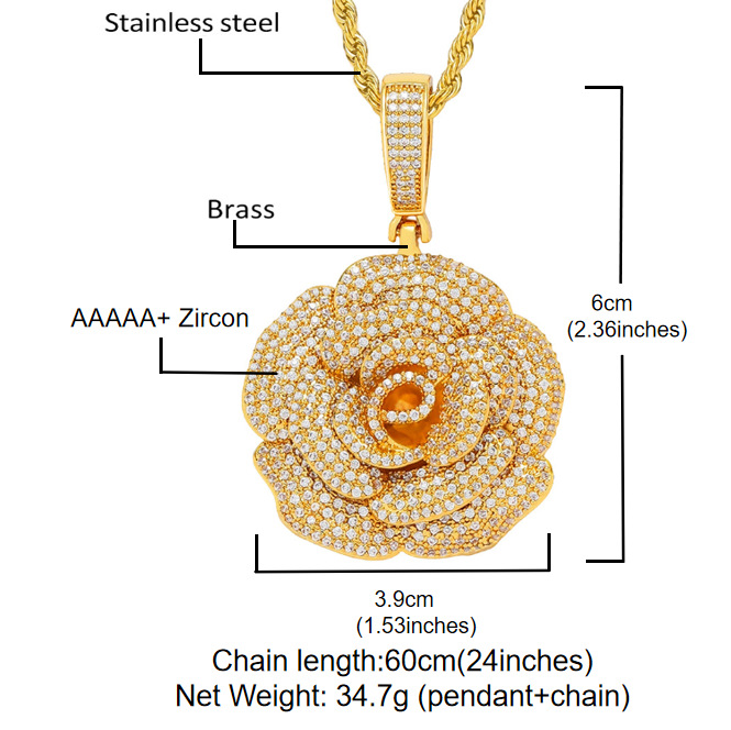 Europa y América hip-hop bronce rosa de piedra colgante personalidad de diamante completo moda collar de joyería transfronteriza al por mayor