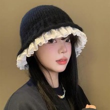 蕾丝花边盆帽针织渔夫帽女秋冬韩系水桶帽显脸小毛线帽大头围帽子