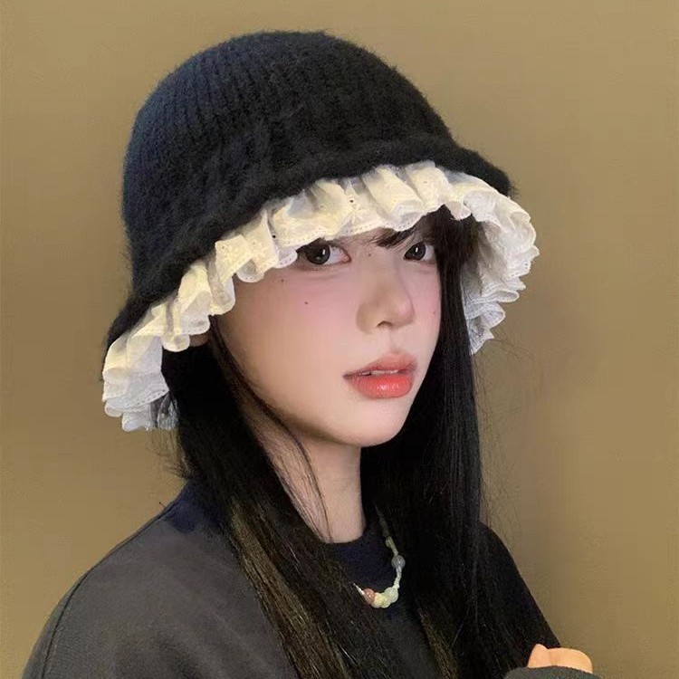蕾丝花边盆帽针织渔夫帽女秋冬韩系水桶帽显脸小毛线帽大头围帽子|undefined