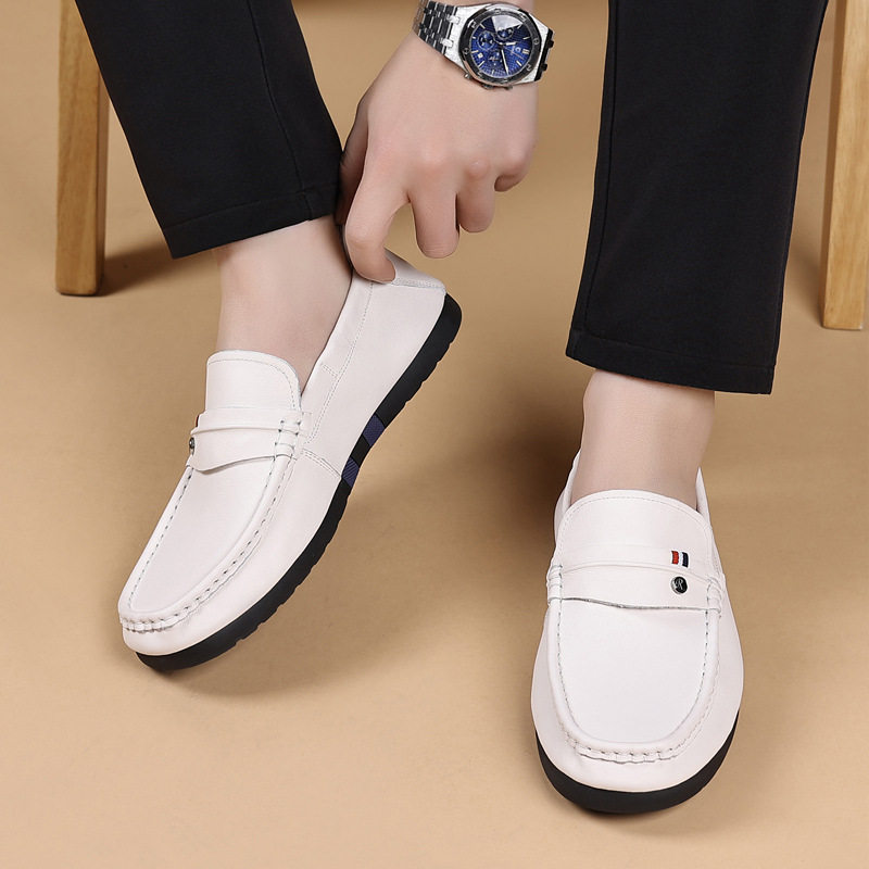 Giày lười nam da bò lớp đầu mềm mại, đế bằng, mũi tròn, phong cách thư giãn — Màu trắng, màu đen