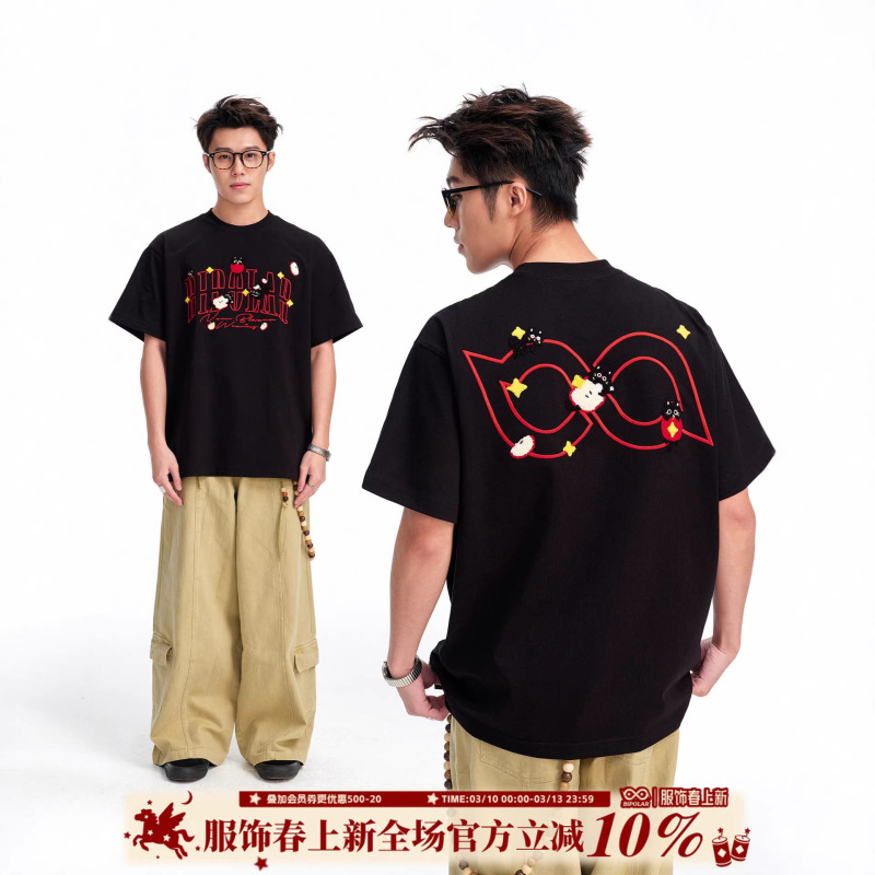 American Hip-Hop Style Apple Cat Embroidered Short-Sleeve T-Shirt for Men and Women, Summer Casual Loose Round-Neck Top, New Couple's Half-Sleeve Design