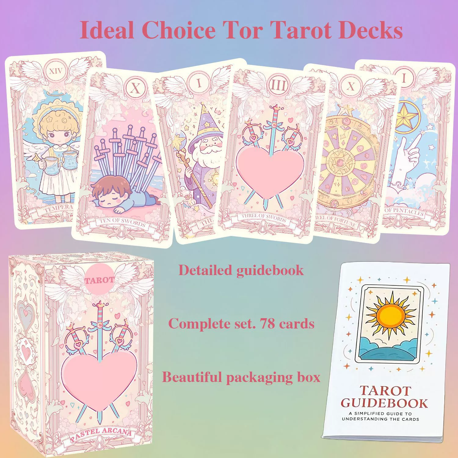 Таро (Pastel Arcana) английская версия — мягкие розовые иллюстрированные карты в подарочной коробке