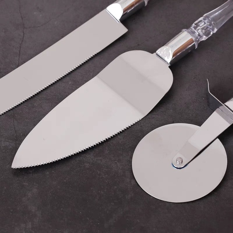 Stainless Steel Roller Pizza Knife Crystal Handle Cake Knife Bread Knife Baking Tools Three-piece Set Factory Direct Sales