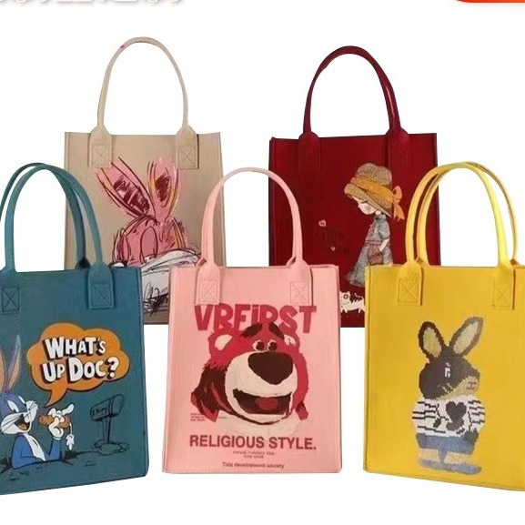 毛 毡手提包毛毡印花包 卡通毛毡包大容量购物袋手提托特包伴手礼