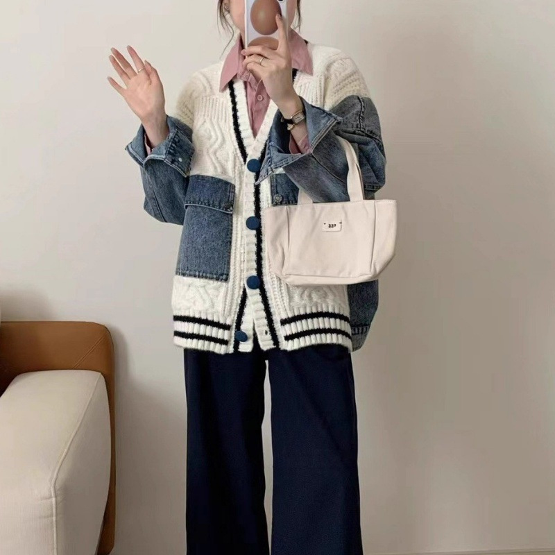 跨境宽松慵懒风牛仔布拼接毛衣开衫女秋冬新款百搭大码外套上衣女