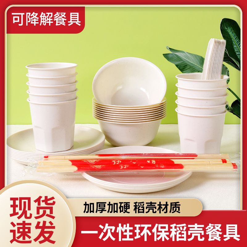 环保露营碗碟套装家用食品级健康餐具户外餐具稻壳杯勺加厚一次性