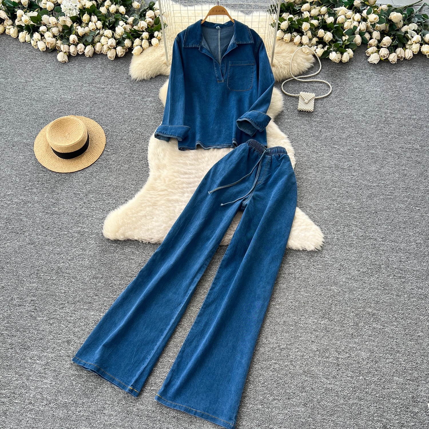 Women's Retro High-Waisted Wide-Leg Denim Pants Set With Long Sleeves Casual Autumn Fashion Top And Bottom Piece_ecoleips.com