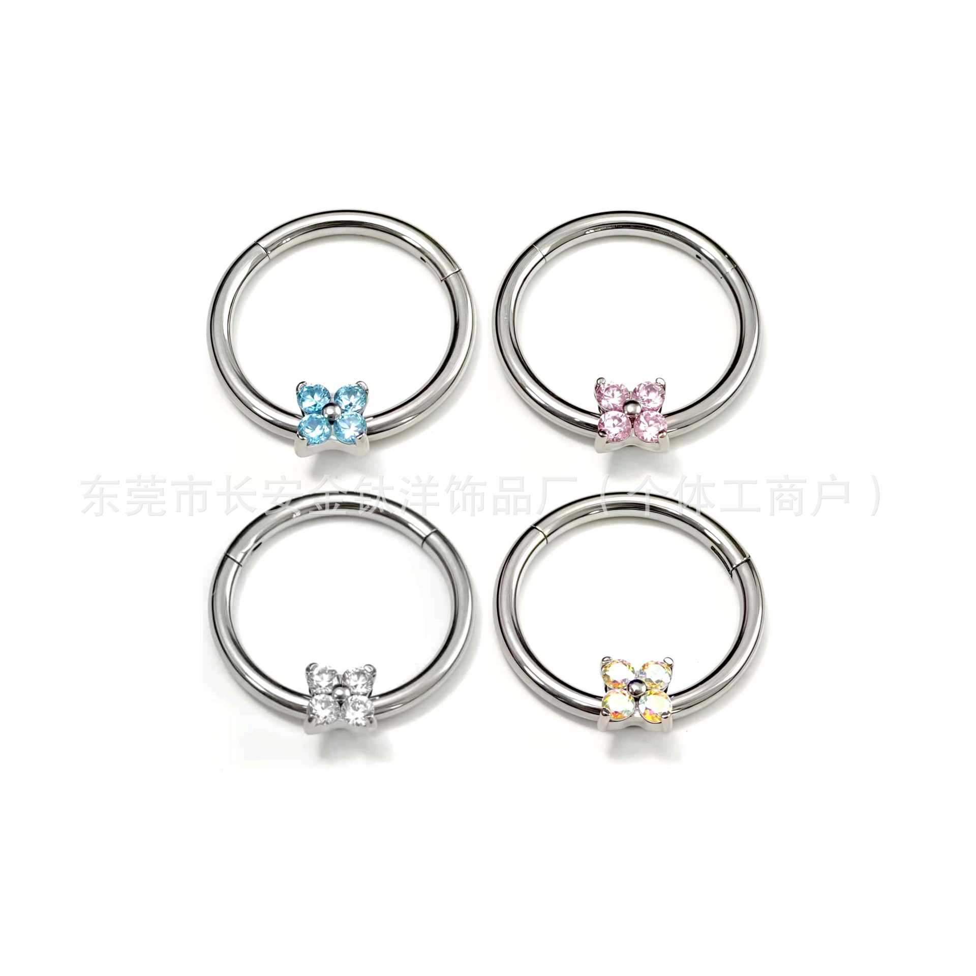F136 Titanium Four-Leaf Clover Zircon Seamless Open Ring Nose Septum Earring - Blue Zircon detail image 7