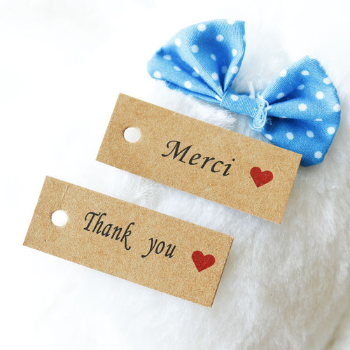 Kraft paper red heart tag Thank you Handmade Merci Love handmade label tag 100 pieces