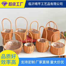 田园风手工编织手提花篮铁艺收纳篮子手礼竹篮藤编干花手提插花篮