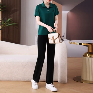 时尚妈妈夏装运动套装新款中年立领短袖T恤中老年女装两件套