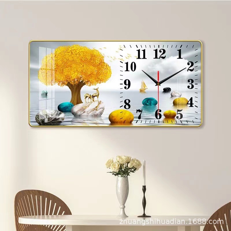2023 nuevo restaurante pintura decorativa reloj luz comedor de lujo Fondo colgante de pared pintura cálida sala de estar reloj mural de Cristal