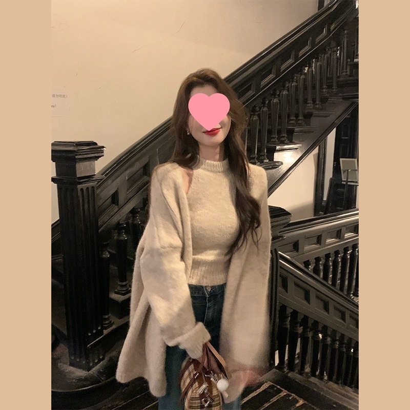 慵懒高级感秋季穿搭红色时尚套装女秋冬毛衣开衫外套背心两件套潮|undefined