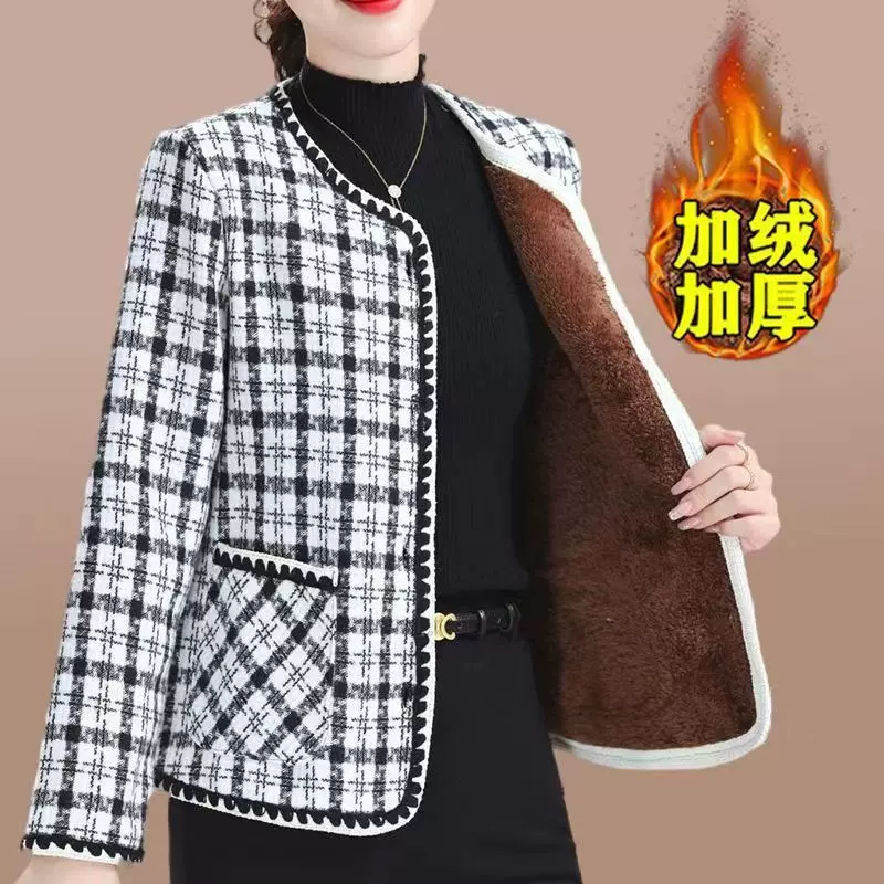 时尚妈妈装百搭短款小香风外套中年女秋冬装新款加绒保暖上衣开衫