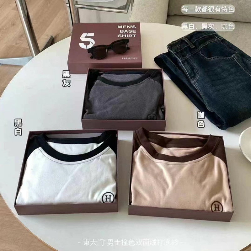 Dongdaemun Boyfriend Shirt 5.0 Men's Contrast Double-sided Fleece Base Shirt Raglan Sleeve Round Neck T-shirt Loose Lazy Top