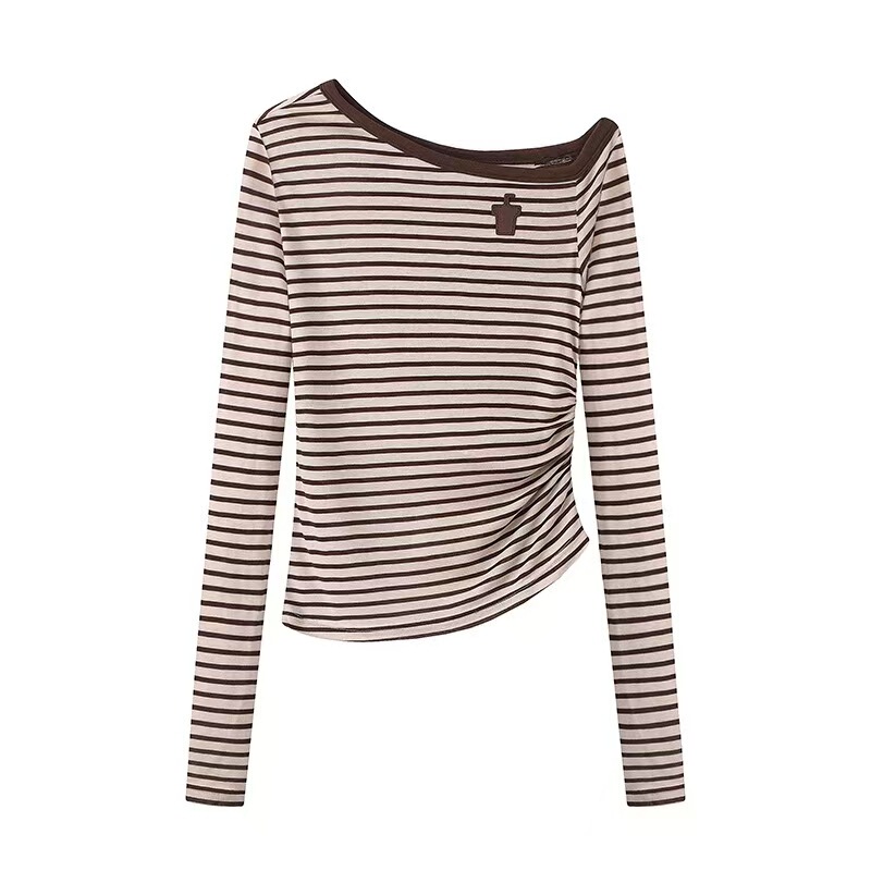 In Stock 2025 Autumn New Designer Style Sweet and Cool Off-Shoulder Side Pleated Striped Long-Sleeve T-Shirt for Women Rl31001050