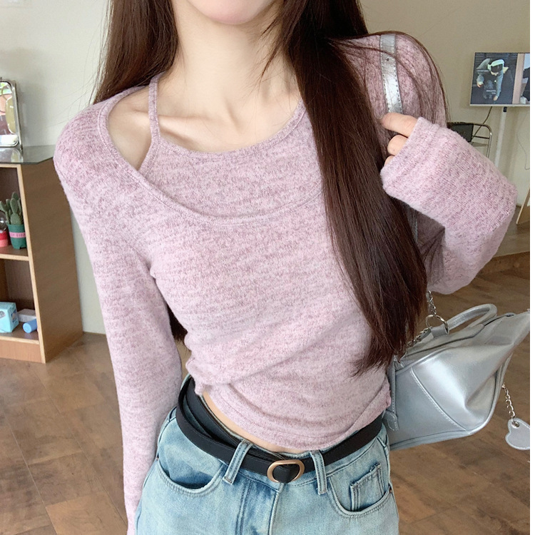 Pure Desire Style Hanging Neck Fake Two-piece Korean Style Early Autumn Slim-fit Slimming Hollow-out Long-sleeve T-shirt Hot Girl Sexy Niche Top Pure Desire Style Hanging Neck Fake Two-piece Korean Style Early Autumn Slim-fit Slimming Hollow-out Long-sleeve T-shirt Hot Girl Sexy Niche Top