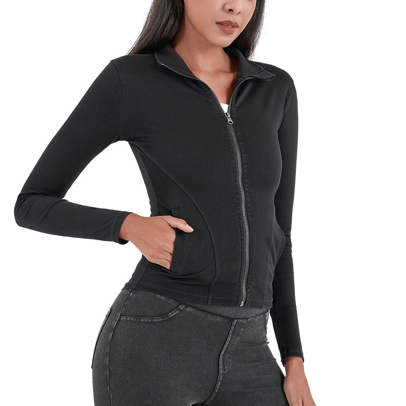 Cross-border nuevo punto Denim cremallera chaqueta de yoga mujeres adelgazamiento apretado de cuello alto doble bolsillo fitness ropa de abrigo superior