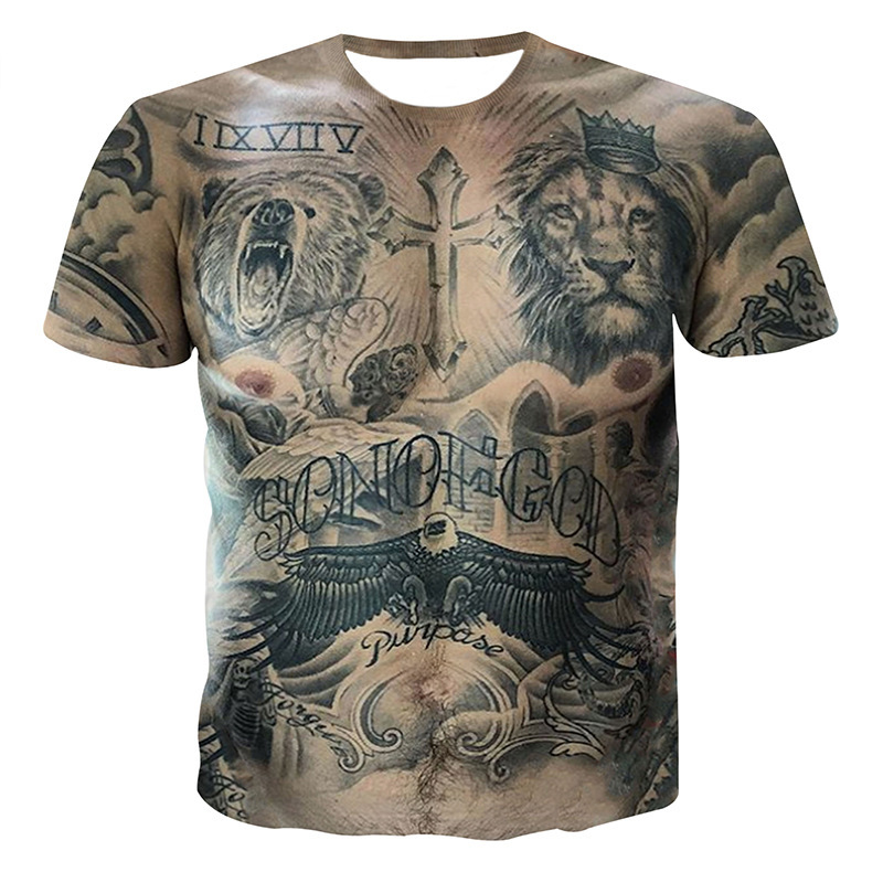 2025年夏の新作外国貿易モデル、筋肉質男性向け3DデジタルプリントメンズラウンドネックTシャツ半袖デザイン