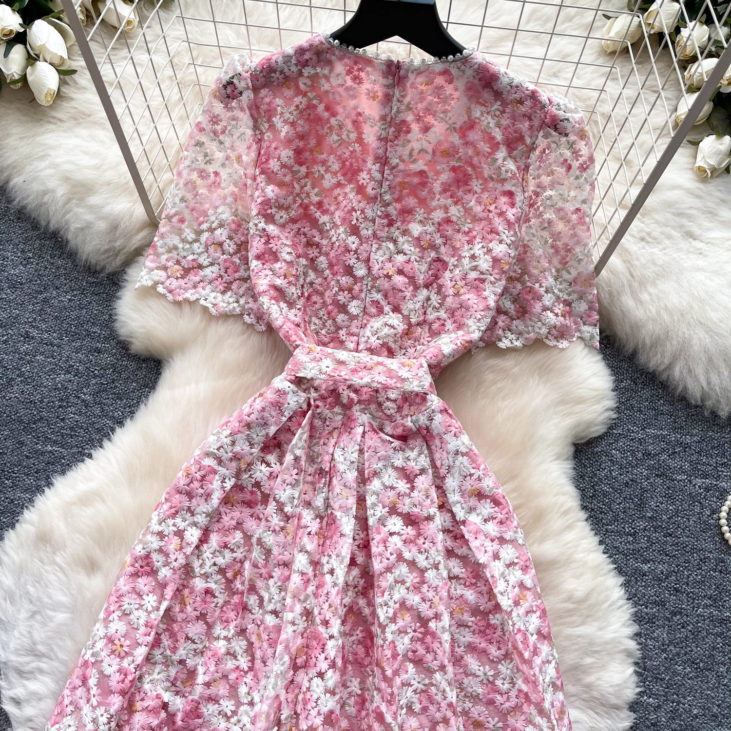 Women's Pink Lace Hollow Out Dress Short Sleeved High Waisted A-Line Skirt Elegant Slimming Commute Summer Dress_ecoleips.com