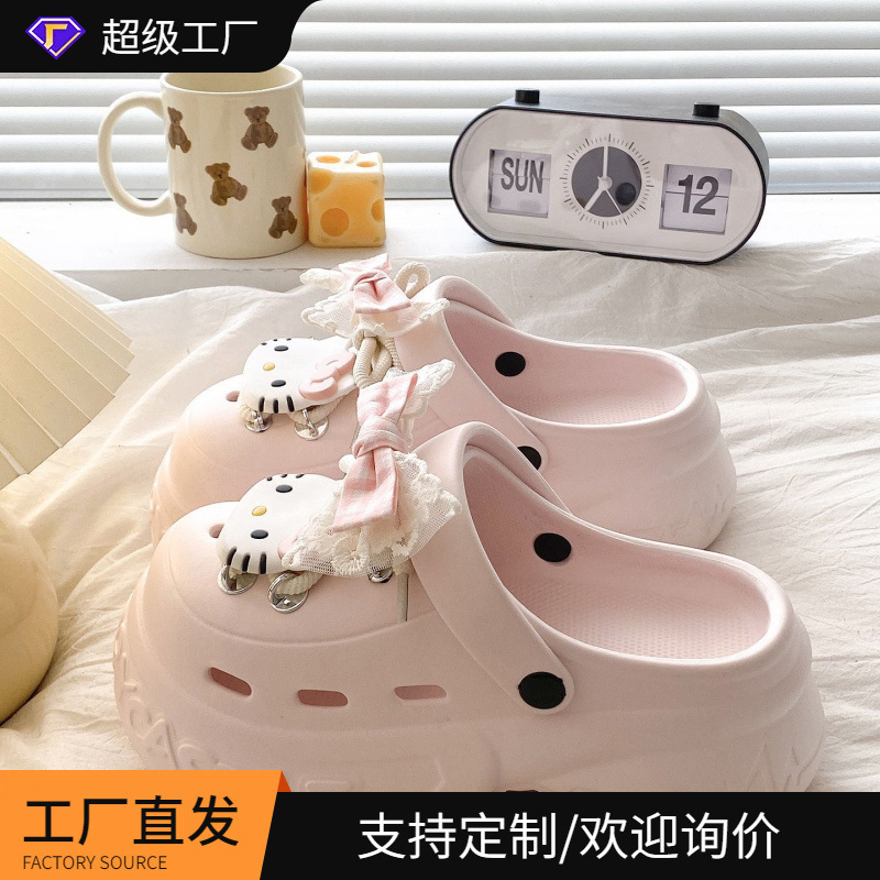 Sweet Platform Lace Bowknot Kitten Thick-Soled Clogs Eva Durable Versatile Fashion Outdoor Sandals for Women