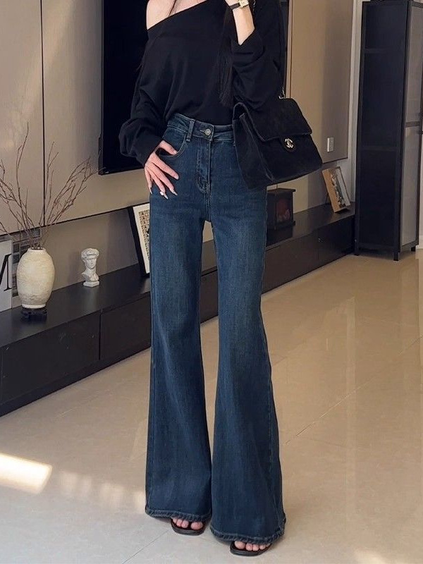 加绒保暖复古蓝高腰微喇牛仔裤女宽松显瘦时尚百搭不贴腿微喇裤子|undefined