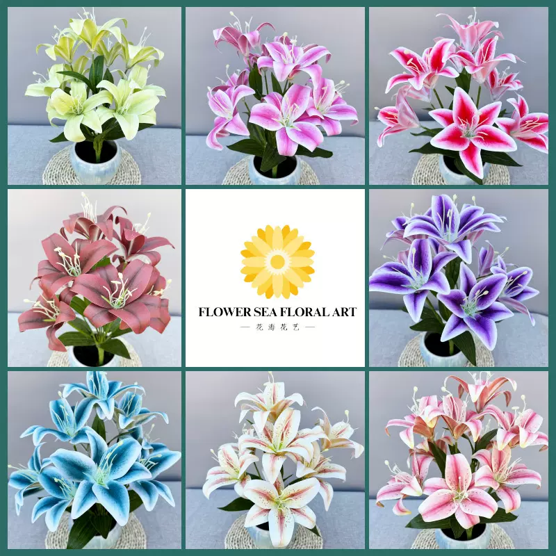 仿真百合花3D阳光9头把束百合假花束成品摆件跨境可代发绢花百合